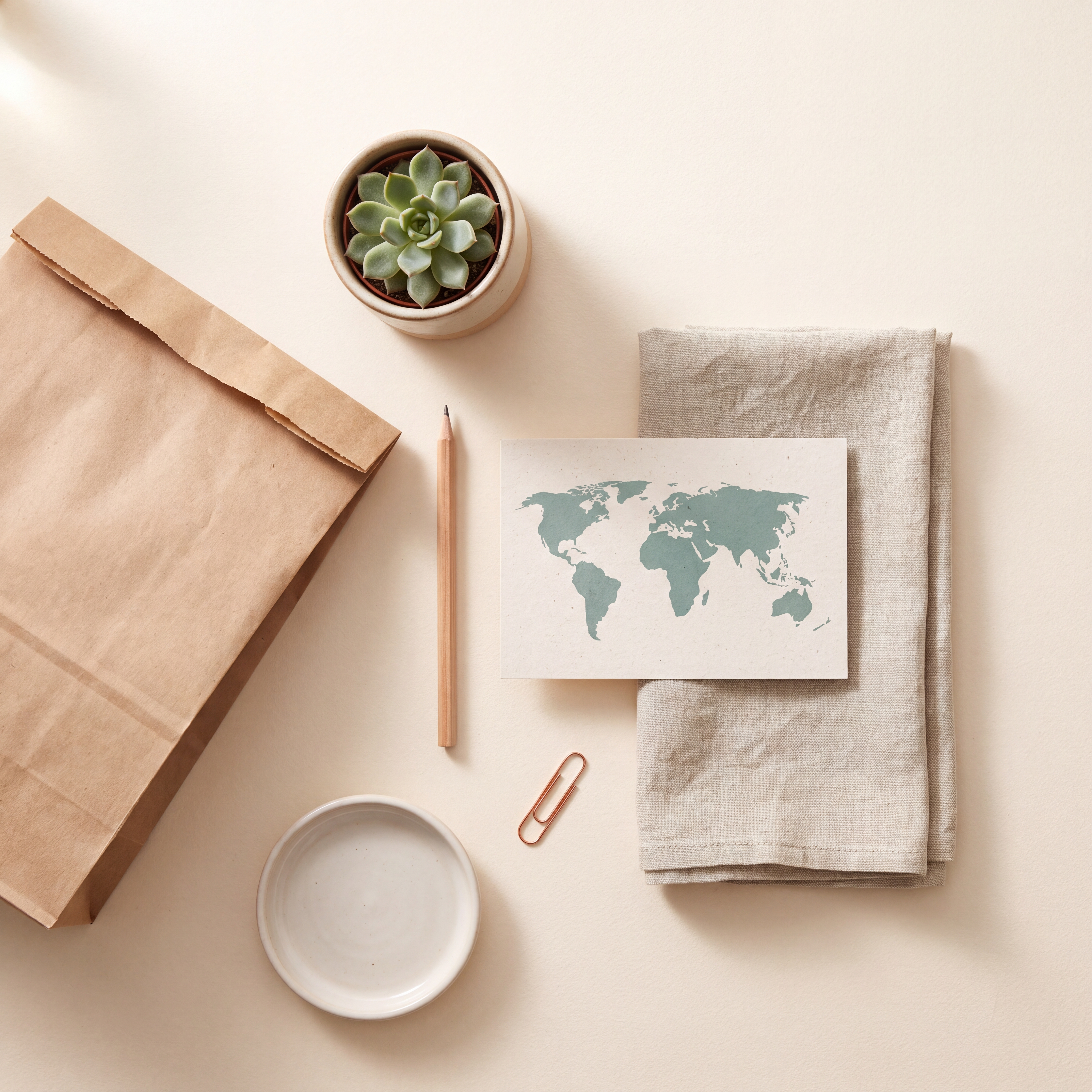 Flat-lay with kraft bag, succulent and a postcard of a world map
